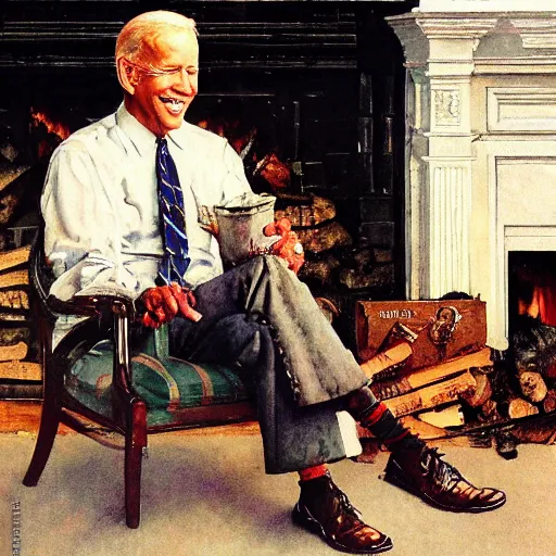 Image similar to a portrait painting by Norman Rockwell of Joe Biden sitting in a chair. Cozy fire. Legs crossed