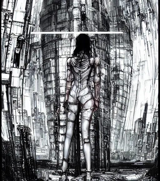 Image similar to andrei tarkovsky cyberpunk greatest scene, ancient tower of babylon, woman in transparent cyber clothing, hyperrealistic, blame, manga style, drawing by tsutomu nihei, cyber world, ambient lighting, concept art, hyper - detailed, smooth, masterpiece, epic, ray tracing, cinematic, high quality