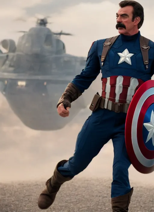 Image similar to film still of tom selleck as captain america in avengers endgame, 4 k