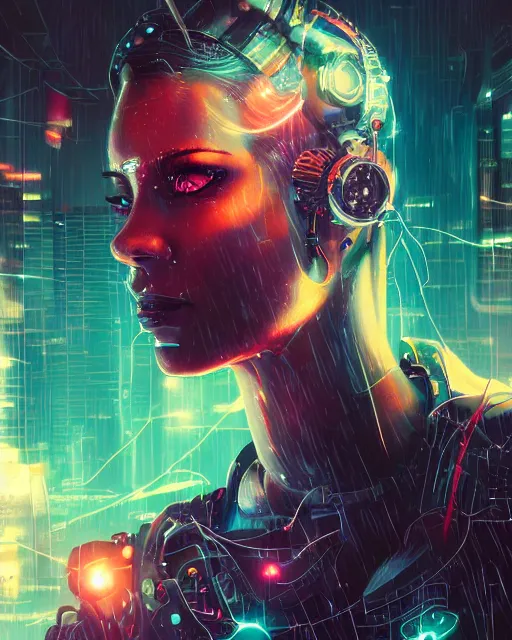 Prompt: a cyberpunk close up portrait of cyborg zeus, electricity, sparks, bokeh, soft focus, sparkling, glisten, water drops, cold, dark, geometric, temples behind her, by paul lehr, jesper ejsing