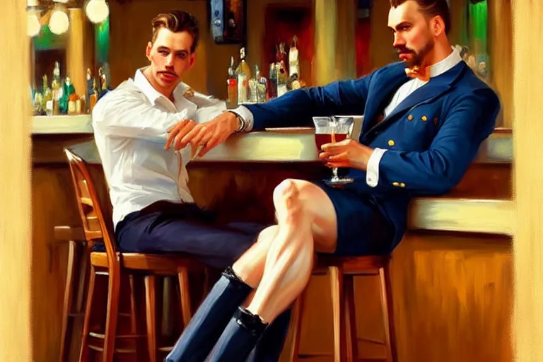 Prompt: attractive man sitting in a bar, painting by vladimir volegov, j. c. leyendecker, tom of finland, trending on artstation