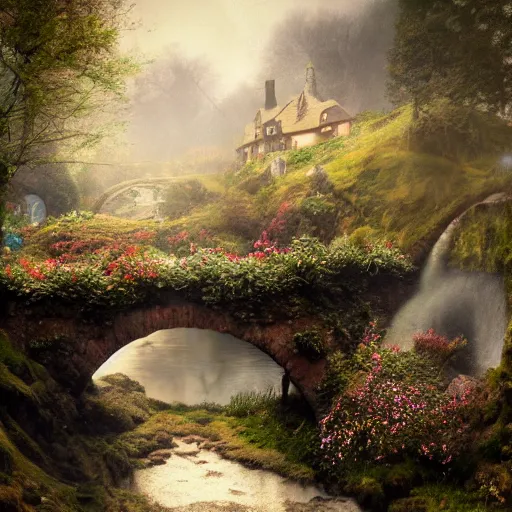 Prompt: spring at medieval hobbit village, ornate, beautiful, atmosphere, vibe, mist, smoke, fire, chimney, rain, wet, pristine, puddles, waterfall, melting, dripping, snow, creek, sunset, ice, bridge, forest, roses, flowers, color page, 4 k, rembrandt, trending on artstation