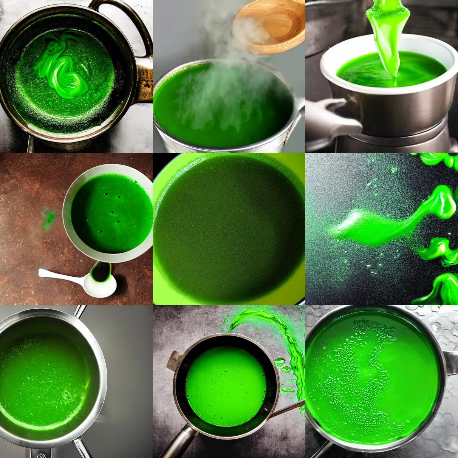 Image similar to brewing violent bubbling green fluid soup, green steam rising from soup