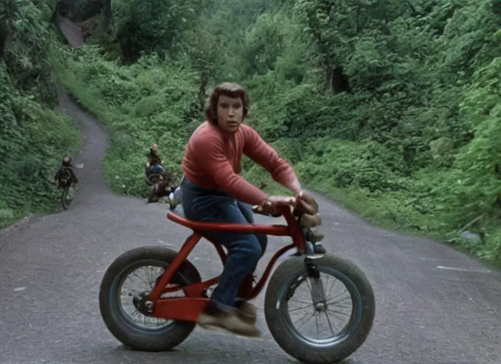 Image similar to film still of thanos riding a small childrens bike down a steep mountain road in the goonies 1 9 8 5