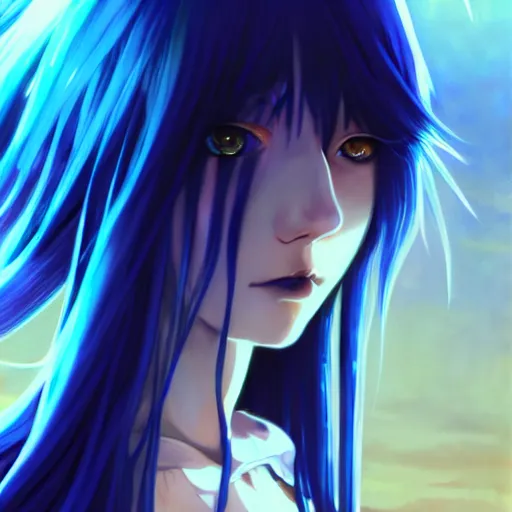 Image similar to attractive long blue - haired girl with bangs gothic anime character with / amber eye color gold / fantasy, screenshot, anime, sharp focus, intricate, illustration, cell shaded, digital painting, highly detailed, concept art, art by ilya kuvshinov and kyoto animation and wlop, and greg rutkowski, studio quality, james jean, artem demura