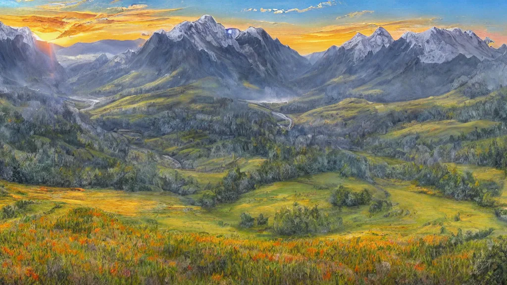 Image similar to The most beautiful panoramic landscape, oil painting, where the mountains are towering over the valley below their peaks shrouded in mist, the sun is just peeking over the horizon producing an awesome flare and the sky is ablaze with warm colors and stratus clouds. A giant dreamy waterfall creates a river, it is winding its way through the valley and the trees are starting to bloom in pink colors, by Greg Rutkowski, aerial view