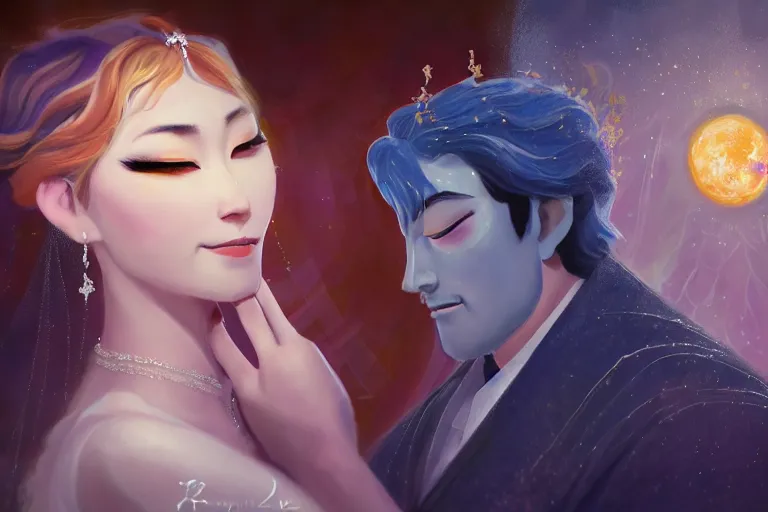 Image similar to a cinematic portrait of wedding photograph jpeg close up moment of a divine a japan sun god and moon goddess lovers magician at a wedding banquet. portraiture. digital painting. artstation. concept art. wedding photo. digital painting. frozen ii art masterpiece by art by krenz cushart