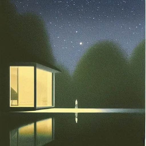 Image similar to painting by by Quint Buchholz, atmospheric cozy futuristic organic white concrete house in the middle of a lush and dense forest at night, a beautiful lake next to it, night time, night sky, starry night sky, by Quint Buchholz