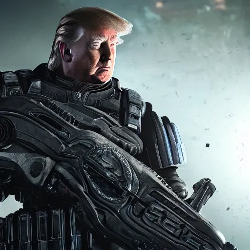 Image similar to Movie still of Donald Trump as ((the punisher)) in Gears of War, splash art, movie still, detailed face, photorealistic facial features, cinematic lighting, dramatic, octane render, long lens, shallow depth of field, bokeh, anamorphic lens flare, 8k, hyper detailed, 35mm film grain