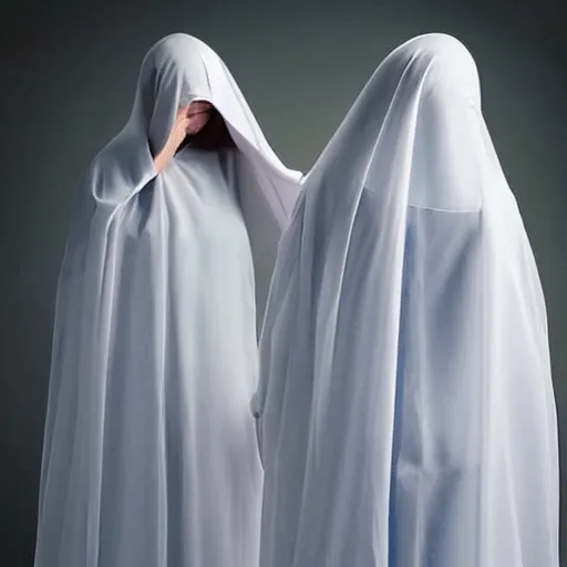 Prompt: hyper realistic, award winning photo two Hovering twin nuns wearing hoods, buxom chested blindfolded wearing translucent veils see through dress, Very long arms, floating nuns, bedroom, eerie, frightening, highly detailed, photorealistic, colorized —width 1024 —height 1024