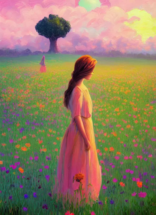 Image similar to girl with giant flower as a face and flower dress, standing in a flower field hills, big trees, sunrise dramatic light, impressionist painting, colorful clouds, digital painting, pointillism, artstation, simon stalenhag