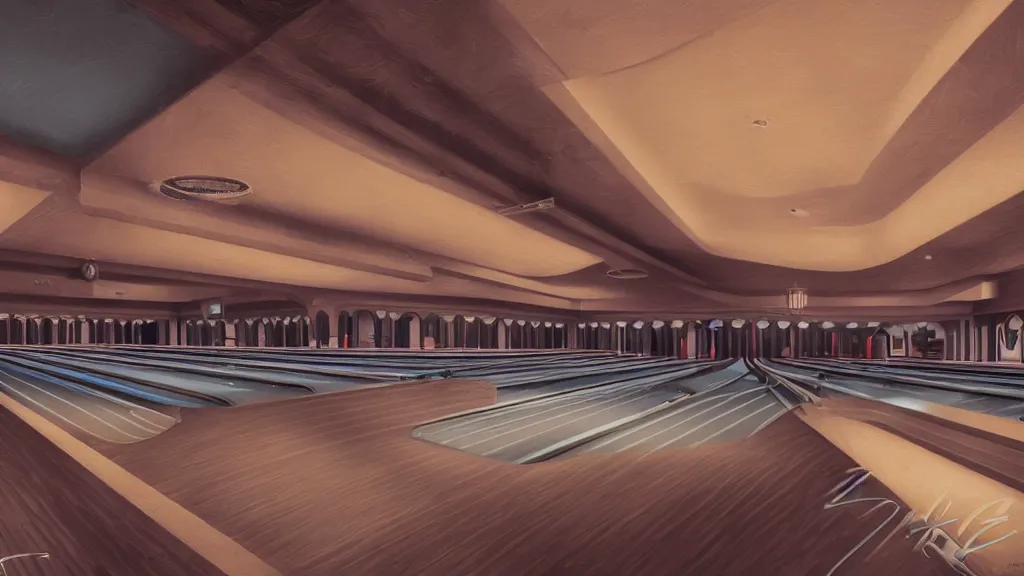 Image similar to art deco bowling alley, ultra detail, photoreal, soft moonlight lighting, realistic, wide angle, sharp focus, 8 k high definition, insanely detailed, intricate, elegant, art by artgerm and wlop