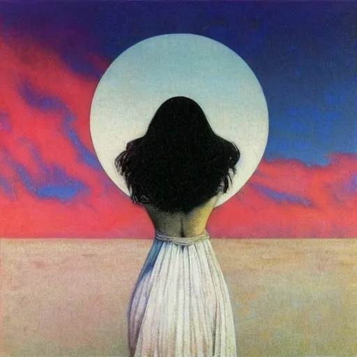 Image similar to a woman with a white dress in a white city, clear blue sky, pink floyd album cover, 1 9 7 0's, by beksinski, bruegel, greg rutkowski, alphonse mucha, and yoshitaka amano, colorful flat surreal design, hd, 8 k, artstation