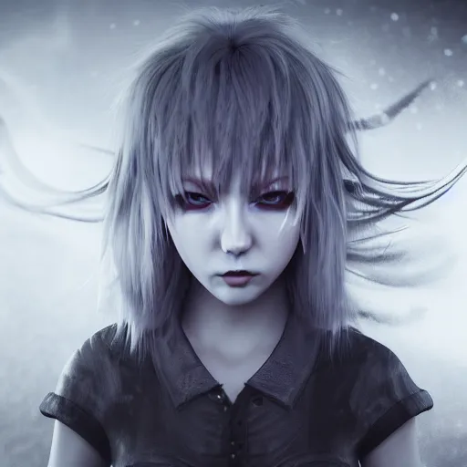 Image similar to photorealistic full shot portrait of angry darkness anime girl, inspired by tim burton, detailed, unreal engine 4 k, volumetric light, fog