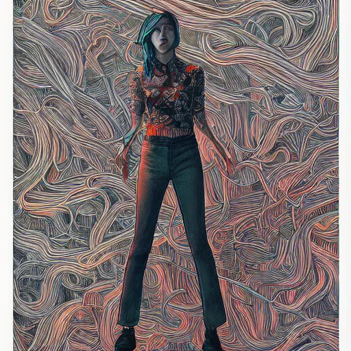 Image similar to portrait of mitski, an ultrafine detailed illustration by james jean, intricate linework, bright colors, final fantasy, behance contest winner, vanitas, angular, altermodern, unreal engine 5 highly rendered, global illumination, radiant light, detailed and intricate environment