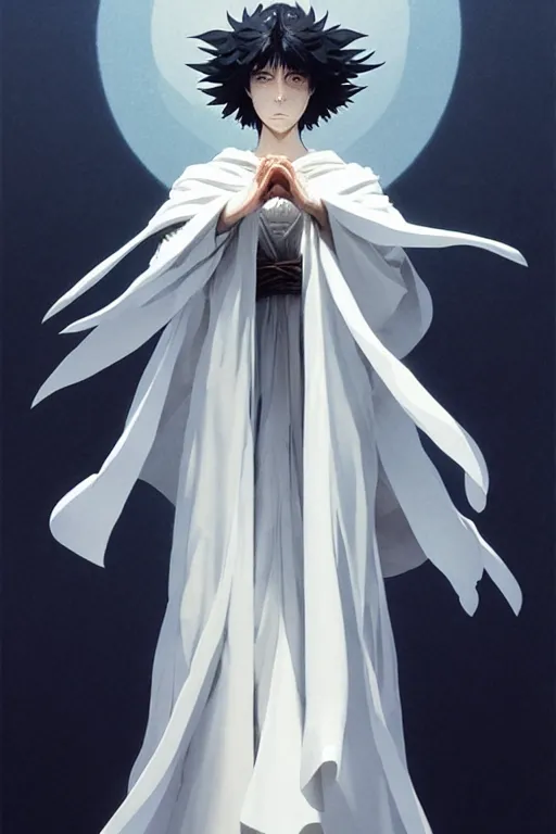 Image similar to raven headed warlock doing magic spells wind, white robes, finely detailed perfect face, exquisite details, mid view, design on a white background, by studio muti, greg rutkowski makoto shinkai takashi takeuchi studio ghibli