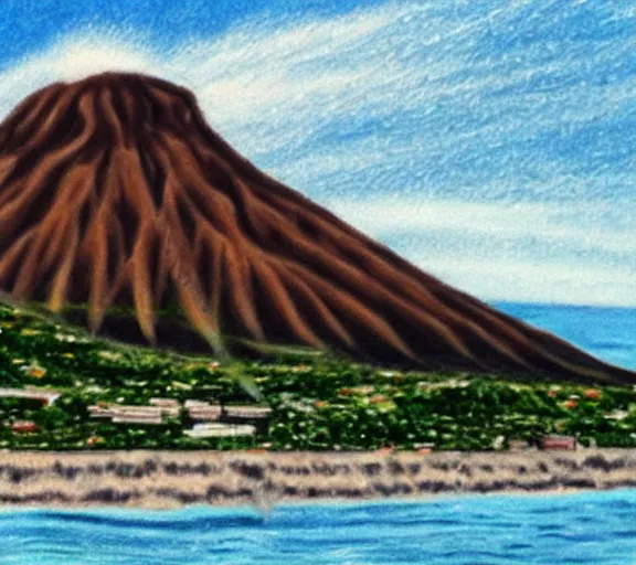 Prompt: professional pencil sketch of Diamond Head in Waikiki exploding