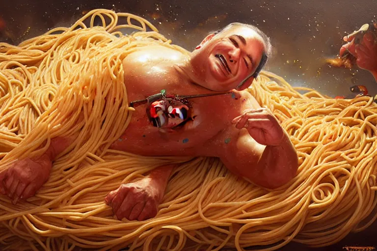 Prompt: portrait of ted cruz rolling around in spaghetti, an oil painting by ross tran and thomas kincade