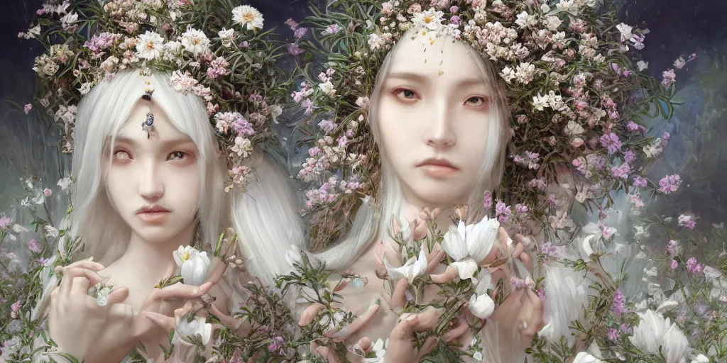 Image similar to breathtaking detailed concept art portrait painting of the goddess of white flowers, orthodox saint, with anxious, piercing eyes, ornate background, amalgamation of leaves and flowers, by Hsiao-Ron Cheng, James jean, Miho Hirano, Hayao Miyazaki, extremely moody lighting, 8K