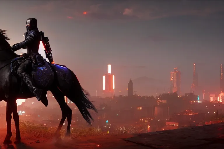 Prompt: on a beautiful cyberpunk florest theres a cyberpunk knight riding a cyberpunk horse, cinematic lightning, ray tracing, unreal engine 5, photorealistic, 8 k, uhd, 4 k, red dead redemption 2 game concept, extremely detailed, beautiful, elegant, intricate, foggy, in - game footage
