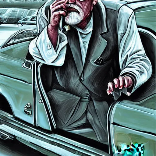 Image similar to highly detailed old man in car holding gun gta vice city art,, fantasy art by stephen bliss