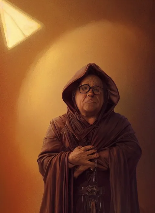 Image similar to Portrait of Danny DeVito, cloak, male, fantasy, extremely detailed, digital painting, artstation, concept art, smooth, sharp focus, illustration, stunning lighting, art by artgerm and greg rutkowski and alphonse mucha and simon stalenhag, realistic character concept, high fantasy, dark atmosphere, golden ratio, cinematic lighting, hyperdetailed, high resolution, insanely detailed and intricate, artstation, Marc Simonetti, Greg Rutkowski, 8k