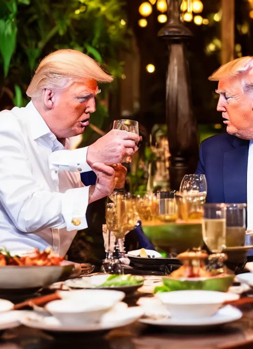 Image similar to Trump and Biden having dinner at a fancy Balinese restaurant, award winning photography, sigma 85mm Lens F/1.4, perfect faces