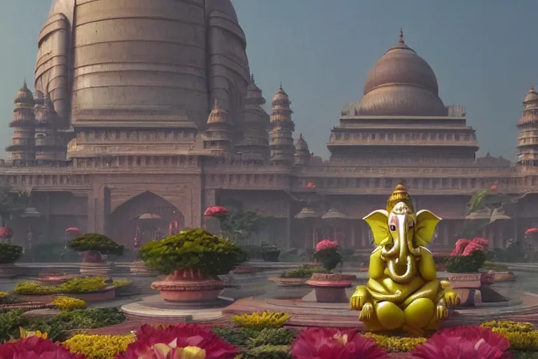 Image similar to beautiful futuristic new delhi, sharp sci - fi ganesha!! building, kalighat flowers, octane highly detailed cinematic, stephen shore & john j. park, soft morning light, wide shot, high angle, uhd 8 k, shallow depth of field