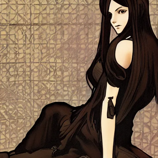 Image similar to photo of lonely young girl with straight long black hair wearing black dress that sitting on bathroom floor, render by artgem and alphonse mucha for capcom co, resident evil