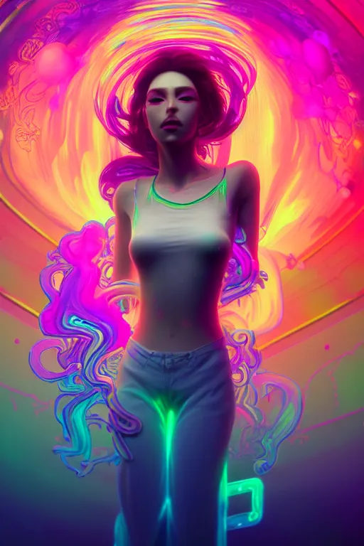 Prompt: a gorgeous woman surrounded by colorful liquid clouds and neon smoke, extremely detailed, psychedelic experience, psilocybin, dmt, lsd, face, highly detailed, artstation, alphonse mucha, hana yata, and artem demura and beeple, octane render, unreal engine, 8 k