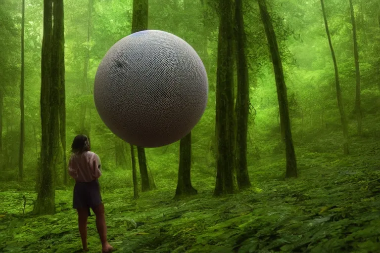 Image similar to a tourist visiting a complex organic fractal 3 d ceramic sphere floating in a lush forest, foggy, cinematic shot, photo still from movie by denis villeneuve