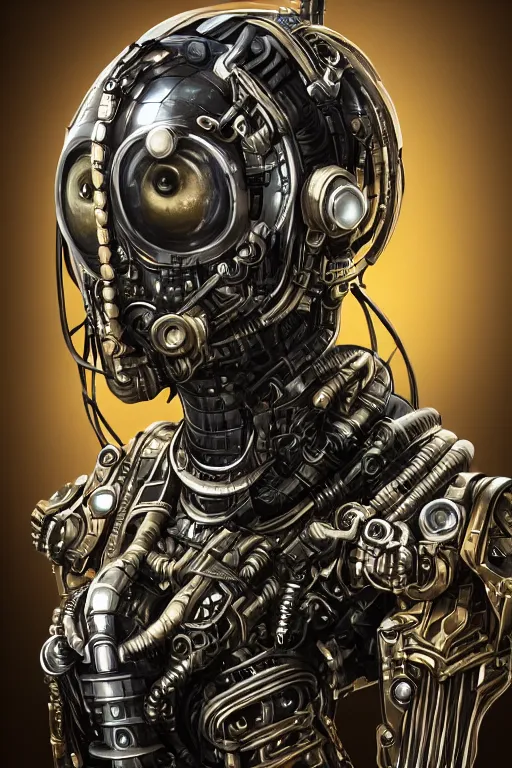 Prompt: Portrait of a dieselpunk sci-fi cyborg ninja, third person, D&D, sci-fi fantasy, pistons and bolts, intricate, black and gold, highly detailed, art by Range Murata, highly detailed, 3d, octane render, bright colors, digital painting, trending on artstation, sharp focus, illustration style of Stanley Artgerm,