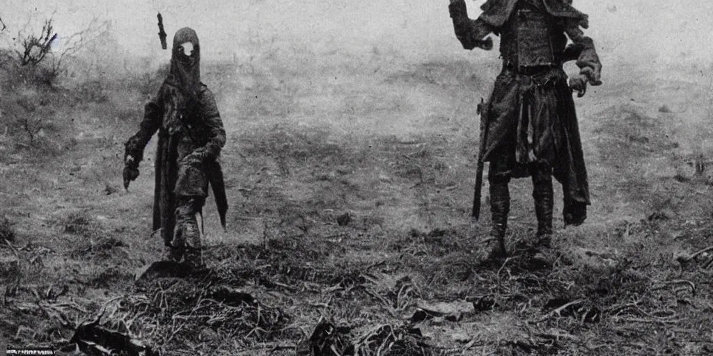 Image similar to scary unproportionable tall ghost creature in the middle of a battlefield, 1900s picture