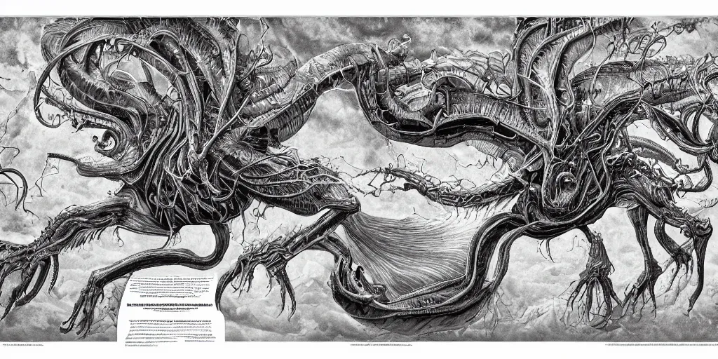 Prompt: highly detailed labeled medical anatomy poster of a eldritch beast, poster paper with notes, well - lit, ray tracing, detailed, mechanism, forbidden - knowledge, intricate details, gold and silver ink, by kentaro miura, marco bucci