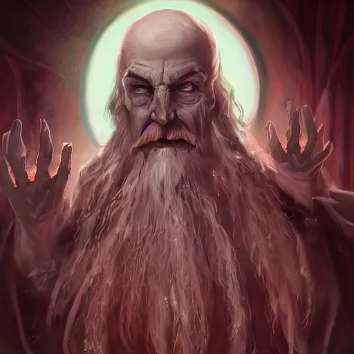 Prompt: dark, evil necromancer with the face of a kind gentle wise old man