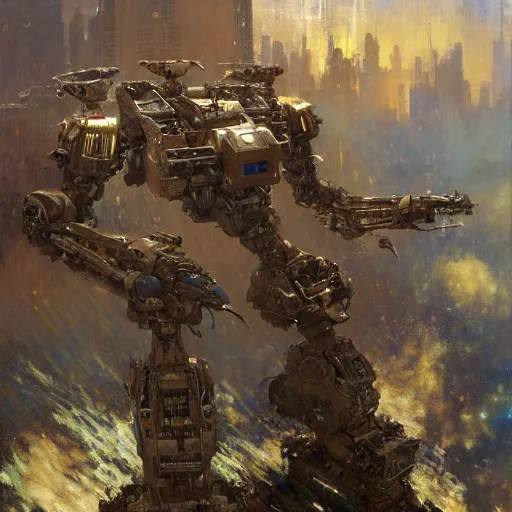 Image similar to six meters tall mech fighting in an urban environment, epic action scene, by gaston bussiere craig mullins jc leyendecker gustav klimt artgerm greg rutkowski john berkey, bergey, craig mullins, ruan jia, raymond swanland, jeremy mann, tom lovell, alex malveda, ray casting, hdr