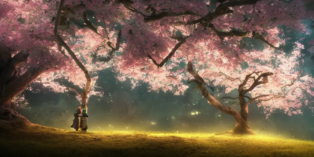 Image similar to a sakura tree, detailed oil painting, cinematic angle, hyperrealistic, breathtaking, cinematic lighting, dynamic, Studio Ghibli, digital art, octane render, epic composition, trending on artstation, masterpiece