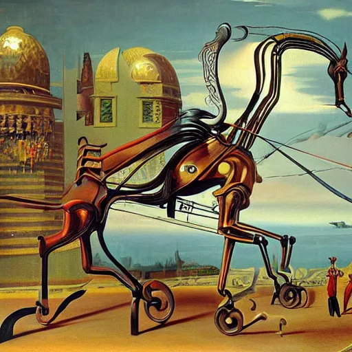 Prompt: an extremely long and spindly mechanical horse in a futuristic victorian city, oil painting, style of salvador dali and richard dadd