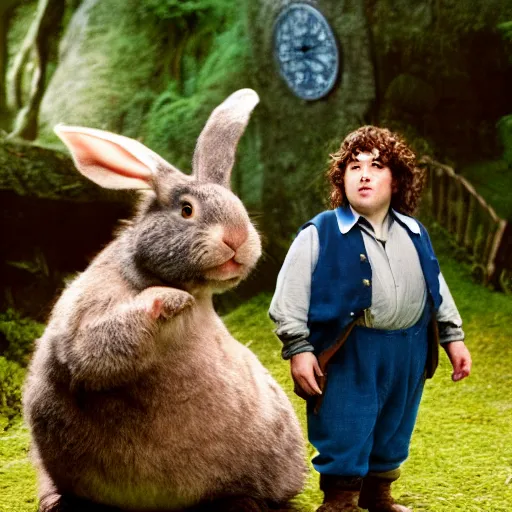 Image similar to chubby british lad as Bartook a teen hobbit with short curly dark brown hair wearing a blue vest with a white sash standing next to a giant rabbit, high resolution film still, movie by Peter Jackson