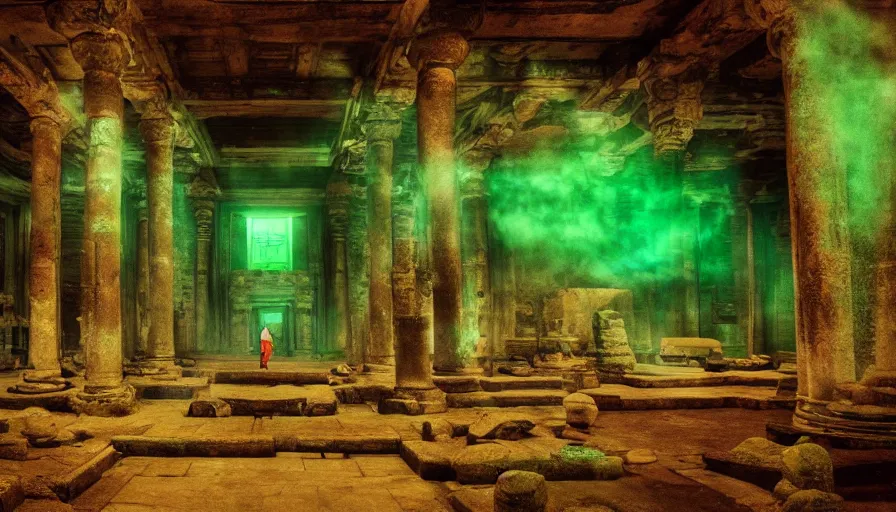 Image similar to cinematic film still, inside an huge ancient temple, Cthulhu, ancient, green ambient light, light mist, lovecraftian 4k C 10.0