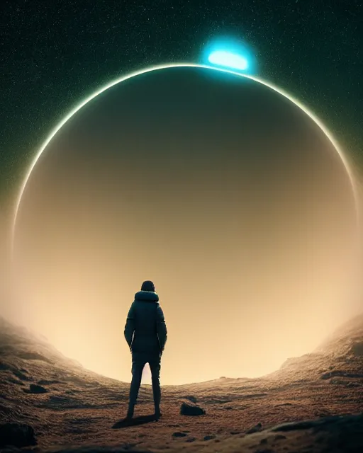 Image similar to a person standing in front of a glowy open door that's on a barren moon, poster art by mike winkelmann, trending on cg society, space art, sci - fi, ue 5, futuristic, volumetric lighting, light casting onto the ground, neat composition and camera angle