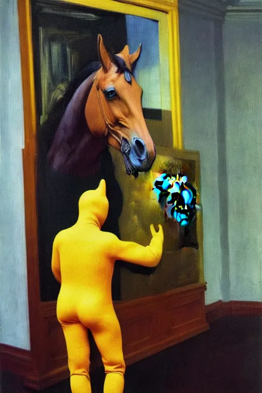 Image similar to man in horse costume, horse in costume astronaut, hauntingly surreal, highly detailed painting by francis bacon, edward hopper, adrian ghenie, gerhard richter, and james jean soft light 4 k,