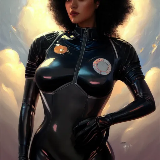 Image similar to a portrait of a very beautiful woman in a spacesuit, Alexandria's genesis, shoulder-length black hair, bored, illustration, soft lighting, soft details, painting oil on canvas by mark arian by artgerm, trending on artstation, 4k, 8k, HD