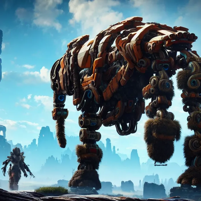 Prompt: photo of a robot mammoth in the style of horizon zero dawn, highly detailed, 4 k, hdr, smooth, sharp focus, high resolution, award - winning photo