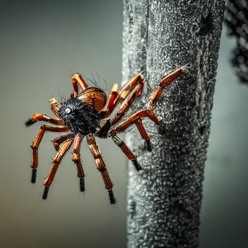 Prompt: small Robot spider wielding a big chainsaw, 40nm lens, wide angle, shallow depth of field, 4k,