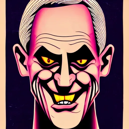 Image similar to bright demonic glowing eyes, digital illustration of secretary of denis mcdonough face, cover art of graphic novel, evil laugh, menacing, Machiavellian puppetmaster, villain, clean lines, clean ink