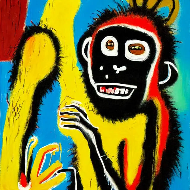 Image similar to a beautiful painting monkeys eat bananas in the tree, by jean michel basquiat realistic oil painting