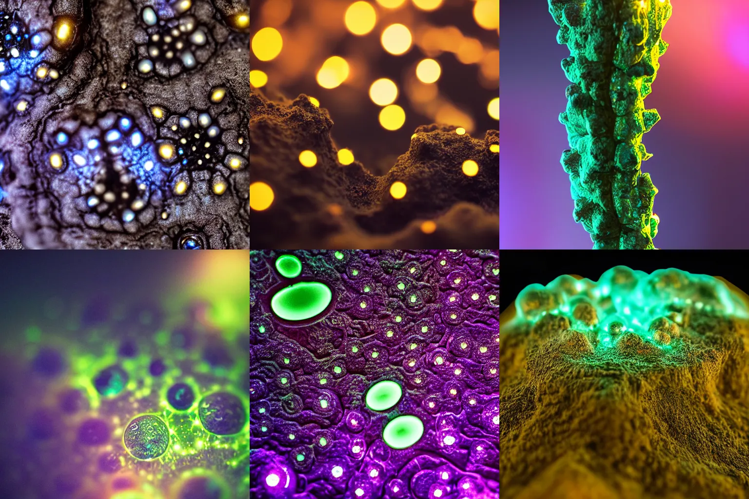 Prompt: macro photography of intricate alien bioluminescent fungus, ultra detail, trending on artstation, warm volumetric lighting, bokeh