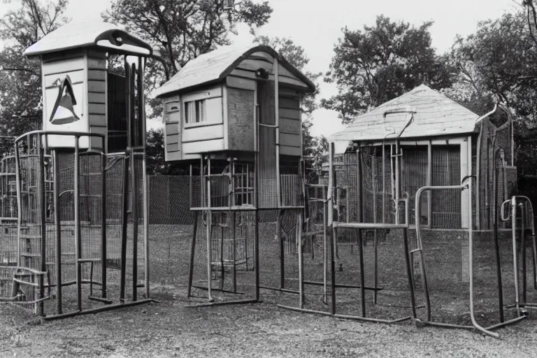 Prompt: dystopian authoritarian playground guards station around the area