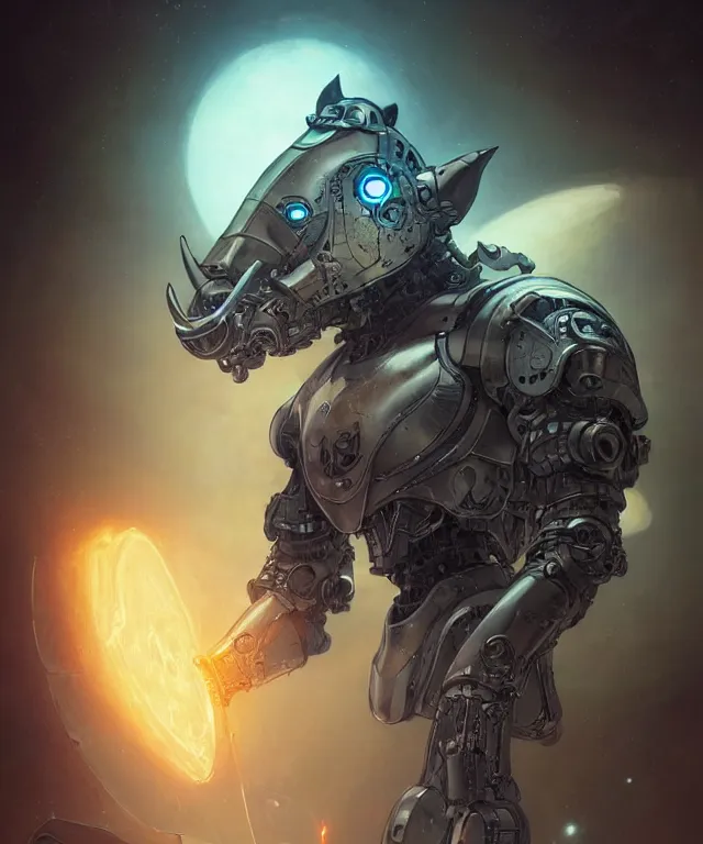 Image similar to an anthropomorphic rhinoceros portrait wearing a sci fi armor, surrealism , scifi, intricate mecha armor, elegant, highly detailed cybernetic body armor, neon glowing eyes, digital painting, artstation, concept art, smooth, sharp focus, illustration, art by Artgerm and moebius and Peter Mohrbacher,